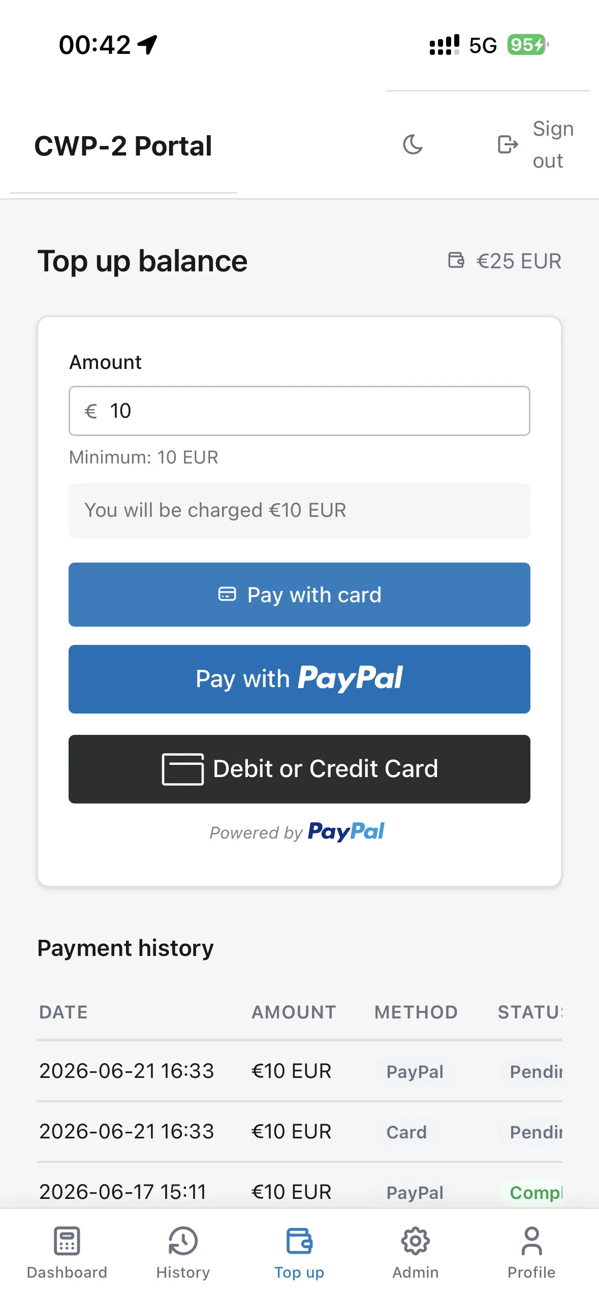 CWP-2 Portal - Top up